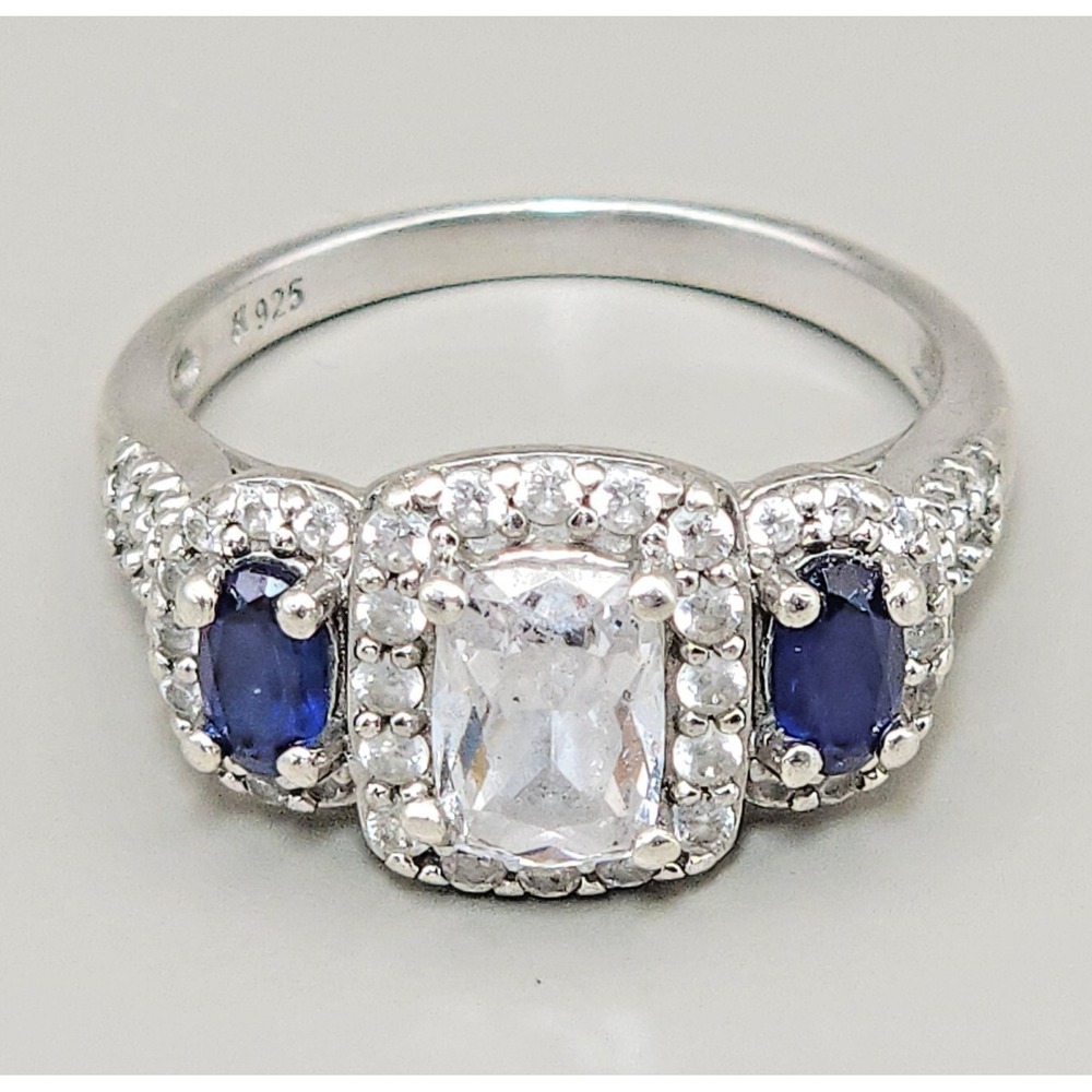 925 Sterling Silver Size 7 Ring Simulated Diamond & Lab Created Blue Sapphire